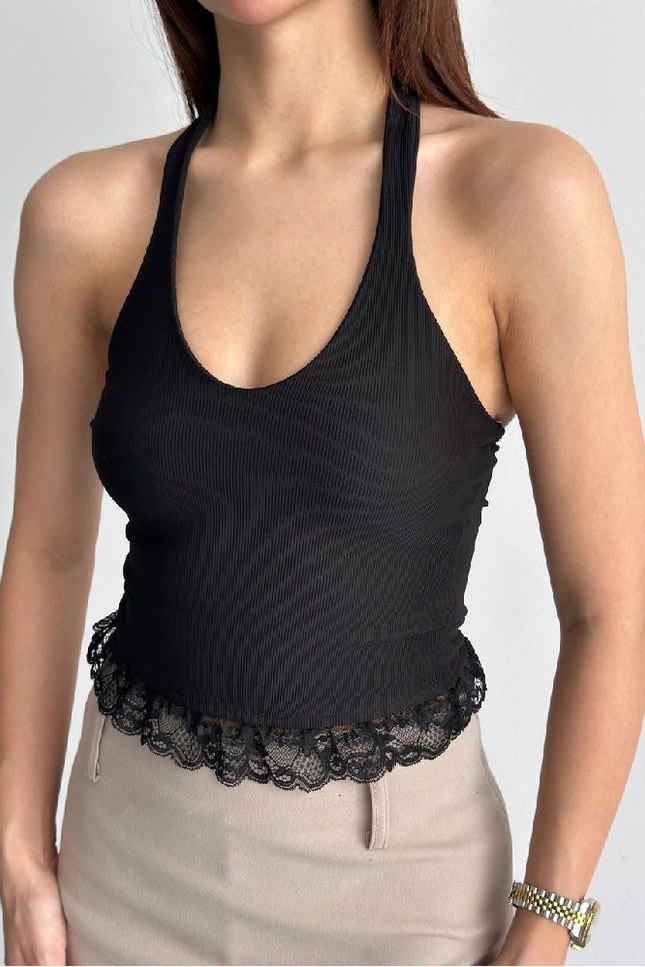 Top Halter cu Dantelă Lace Edge