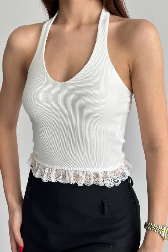 Top Halter cu Dantelă Lace Edge